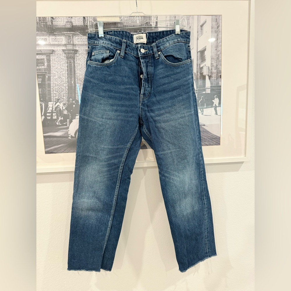 Zara Ankle Length Straight Leg Dark Wash Distressed Denim Jeans | 6 / 28